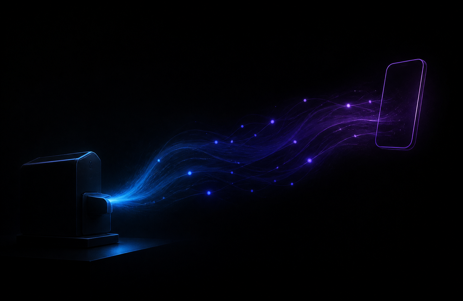A desk computer in low light, a soft blue-to-purple glow curling from it toward a floating phone outline