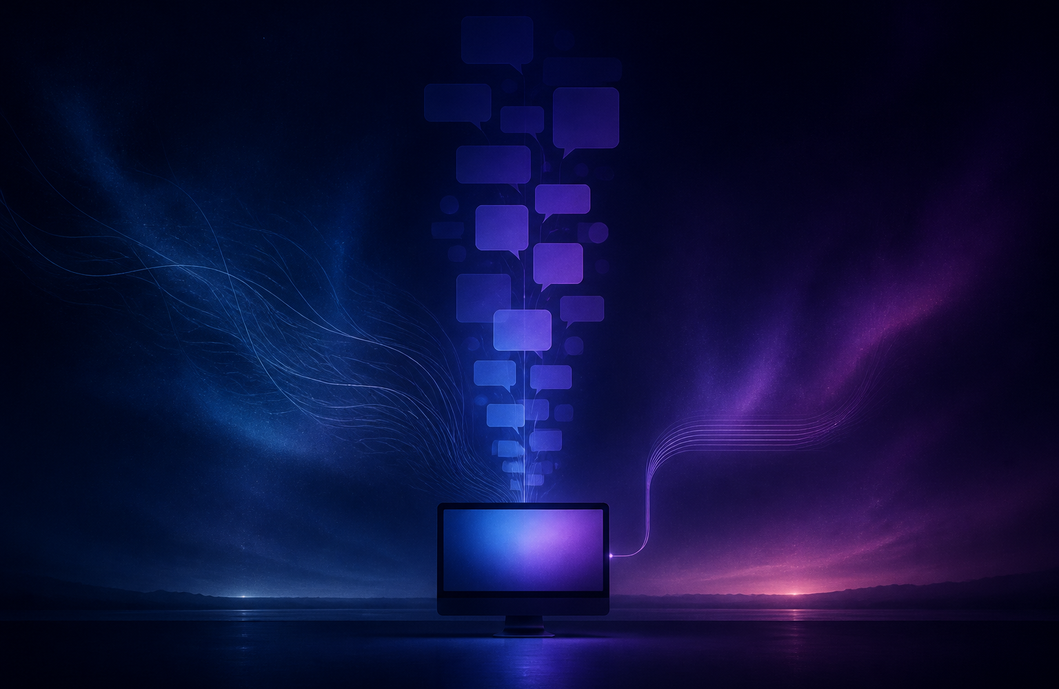 A desktop machine holding a column of abstract message shapes, tangled lines on one side resolving into one clean path