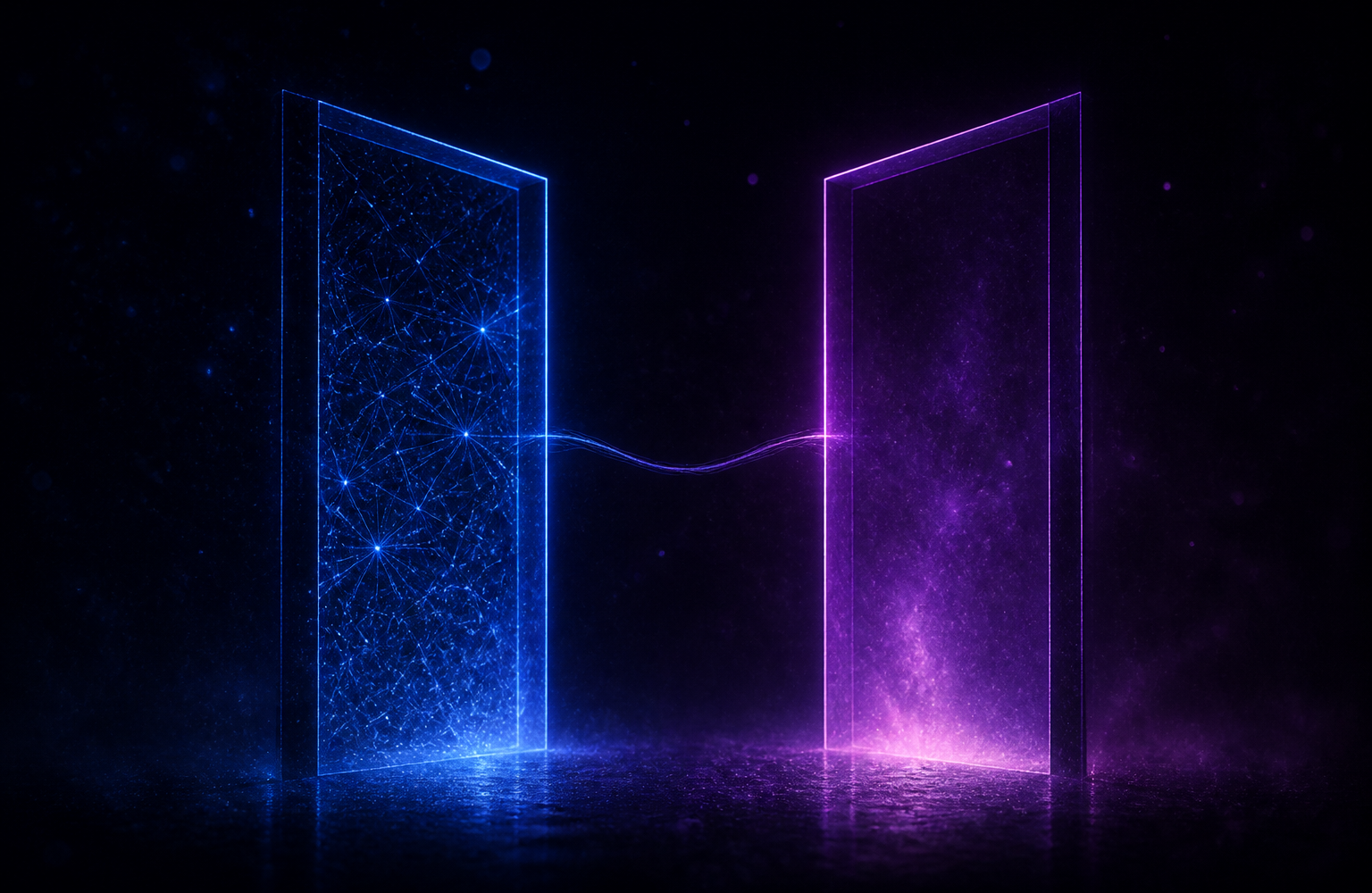 Two outlined doorways on a dark field, one filled with blue nodes, one opening into violet light, joined by a single thread