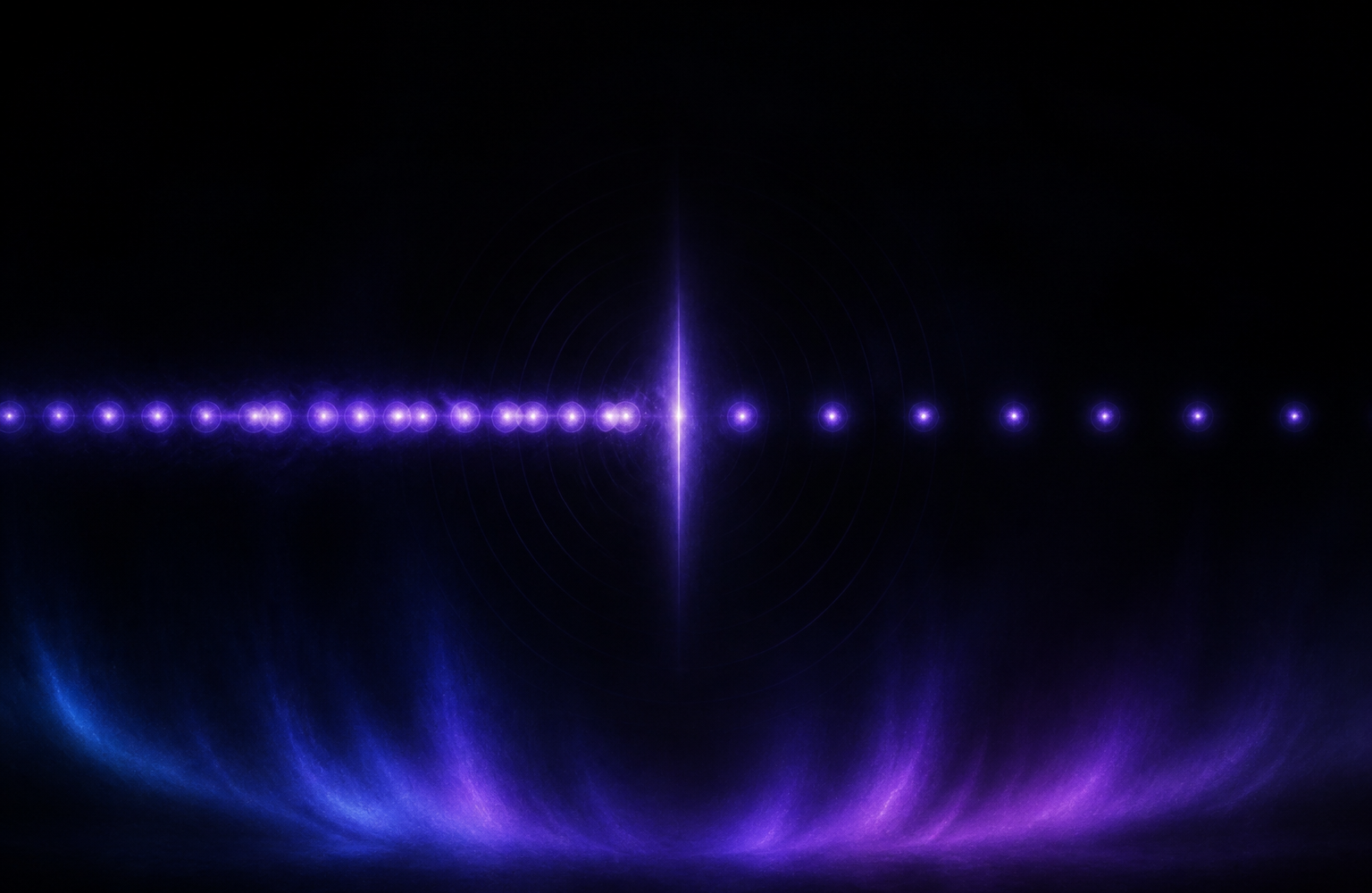 Glowing message dots passing one by one through a narrow aperture of light on a dark field, suggesting paced sending