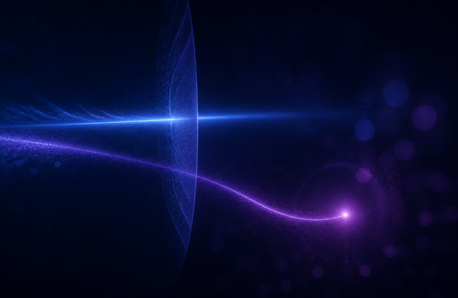 Two streams of light diverge, one passing through a translucent membrane and one taking an outer path to a glowing local node